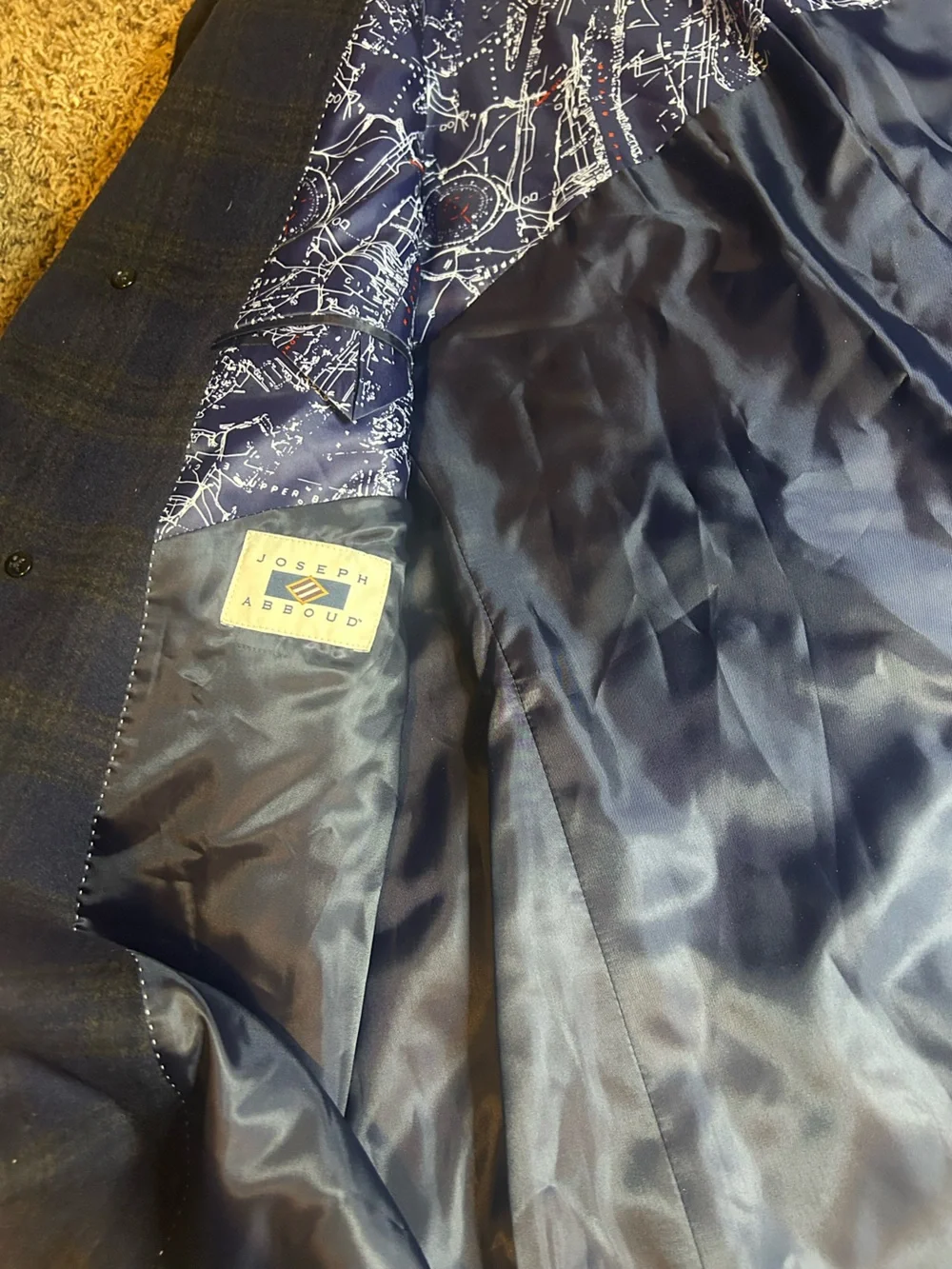 NWT Joseph Abboud Navy Plaid Double-Breasted Blazer with Brown Windowpane